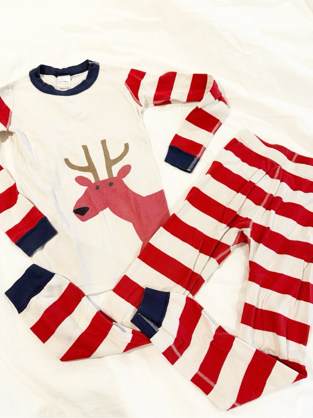Hanna Andersson Red & White Stripe Reindeer Pajama Set with Navy Trim Size 8